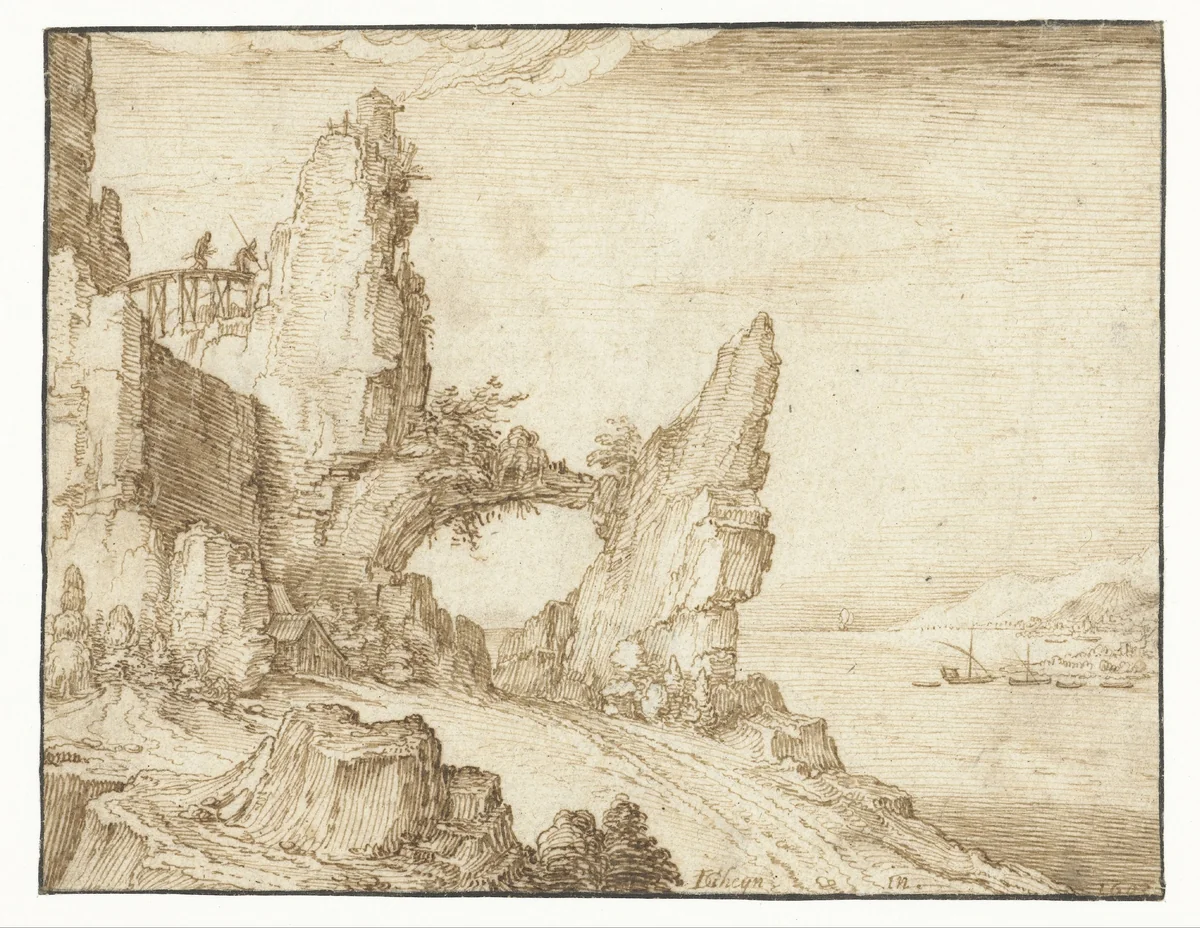 Landscape with steep rock formations along a river by Jacques de Gheyn, drawing, 1603