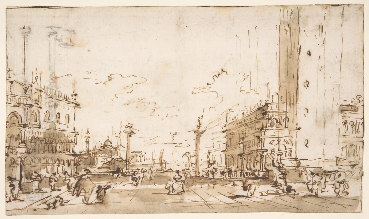 The Piazzetta, Looking Toward San Giorgio Maggiore (recto); Two Columns (verso) by Francesco Guardi, drawing, 1712-1793