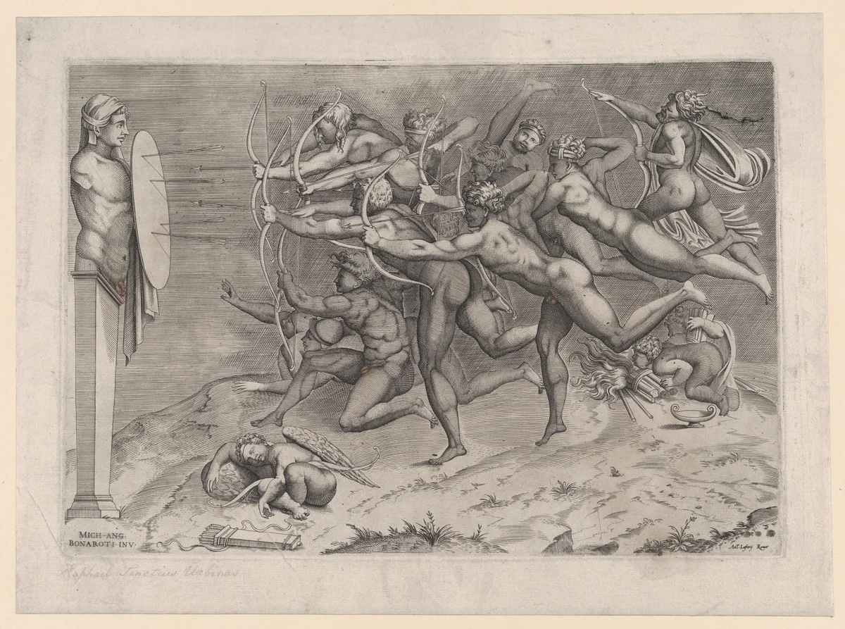 Naked archers shooting at a target attached to a herm, Cupid sleeping below, possibly an allegory related to vice by Nicolas Beatrizet, print, 1535-1565