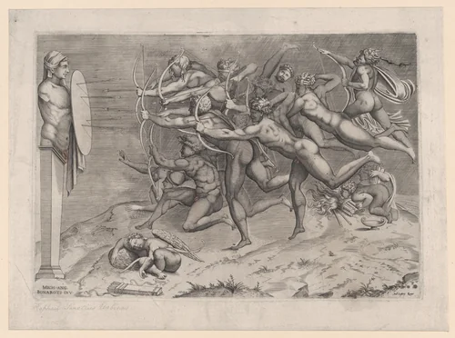 Naked archers shooting at a target attached to a herm, Cupid sleeping below, possibly an allegory related to vice by Nicolas Beatrizet, print, 1535-1565