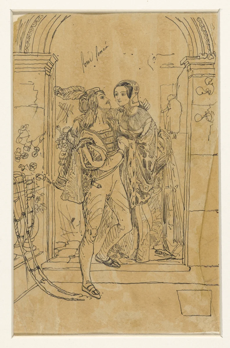 Romeo en Juliette in 15e eeuws kostuum by Rodolphe Bresdin, drawing, 1832-1885