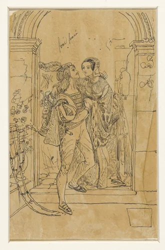 Romeo en Juliette in 15e eeuws kostuum by Rodolphe Bresdin, drawing, 1832-1885