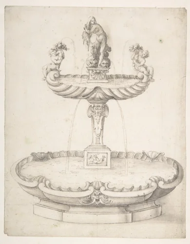 Design for a Fountain with Two Basins One on Top of the Other and Statues of Venus and Putti on the Top. by Francesco Fanelli, drawing, 1608-1665