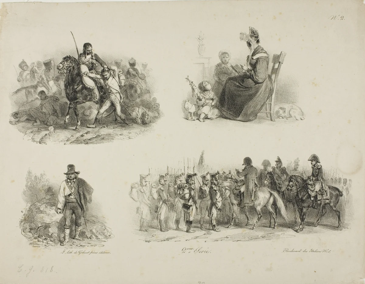 Sheet of Sketches by Denis Auguste Marie Raffet, print, 1829-1830