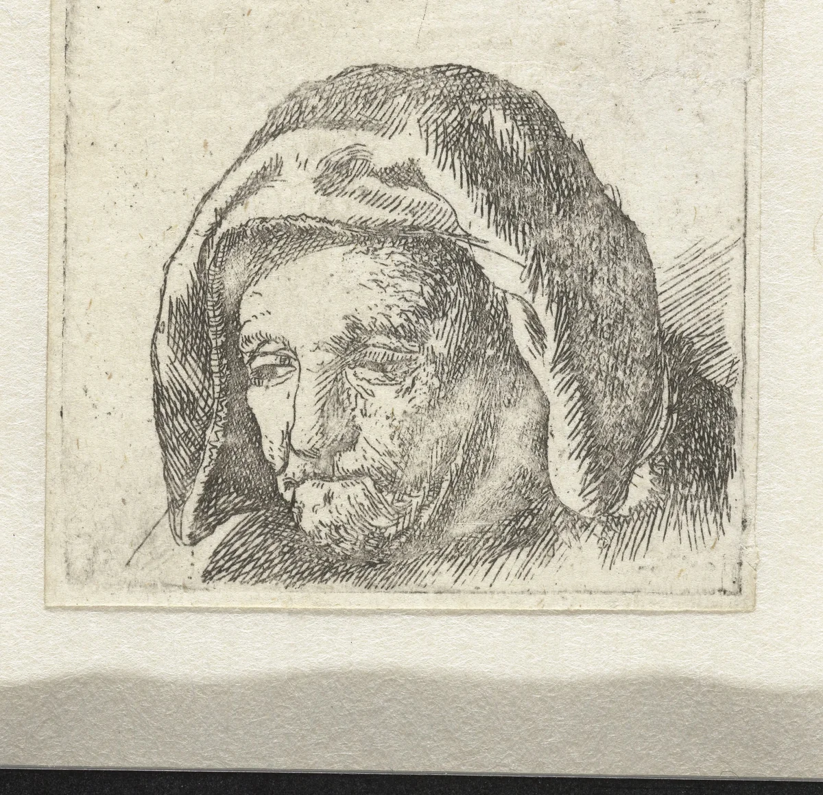 The artist's mother in a cloth headdress, looking down: head only by anonymous, print, 1633