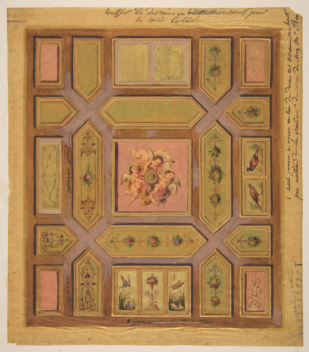 Design for a paneled ceiling painted with putti, birds, and floral motifs on tracing paper; mounted on wove paper by Jules-Edmond-Charles Lachaise, drawing, 1820-1897