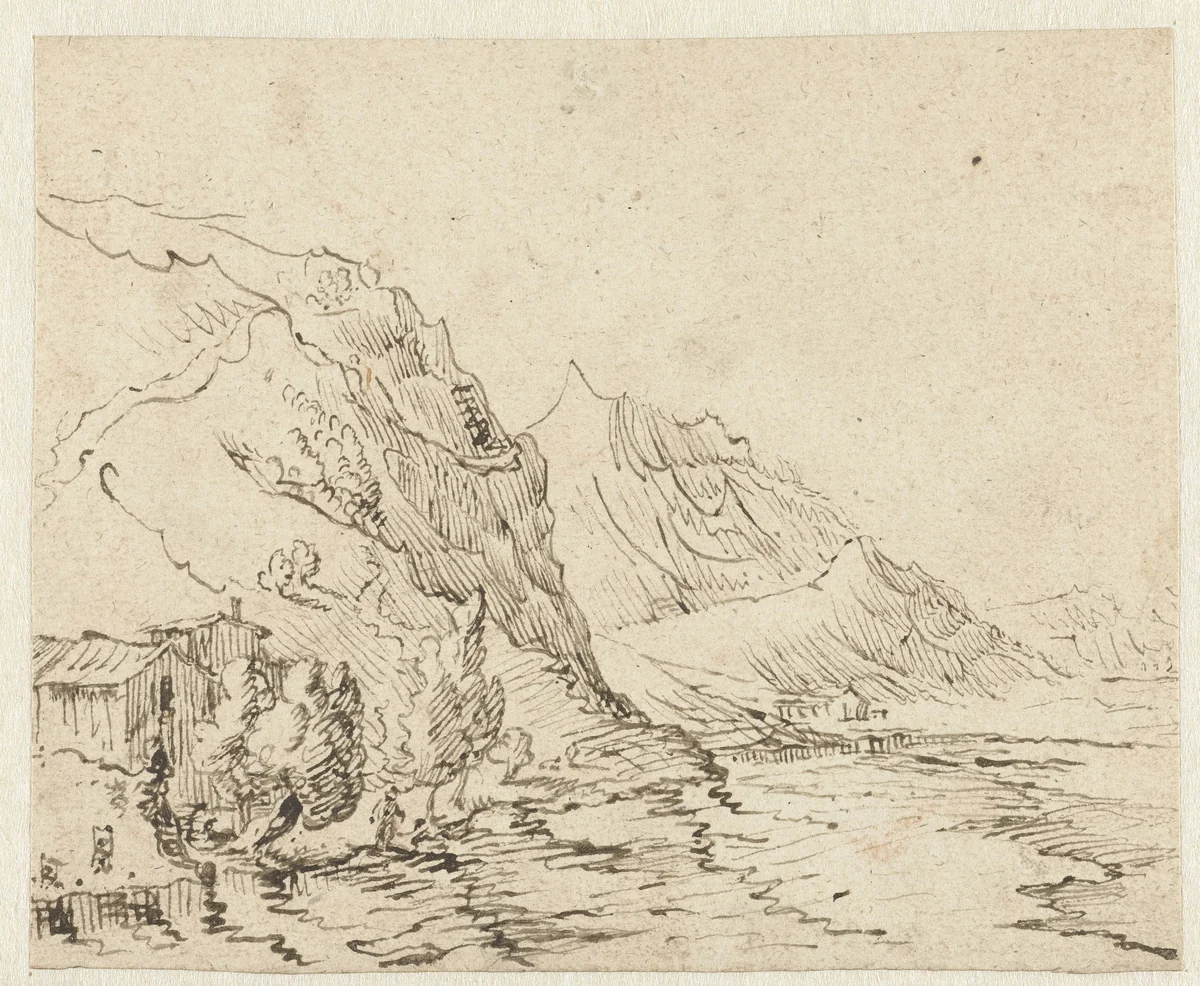 Kustlandschap met enkele hutjes by anonymous, drawing, 1600-1699