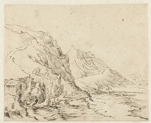 Kustlandschap met enkele hutjes by anonymous, drawing, 1600-1699