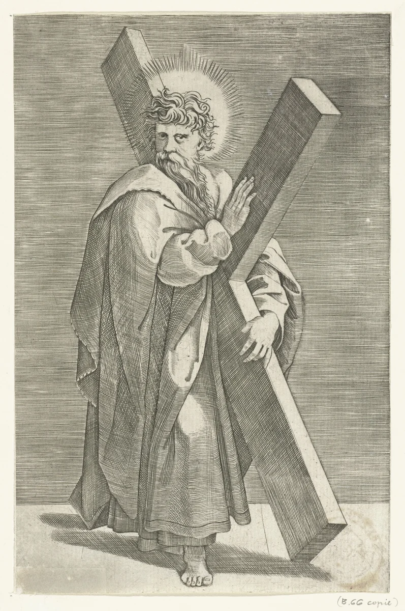 Apostel Andreas met kruis by Marco Dente, print, 1517-1527