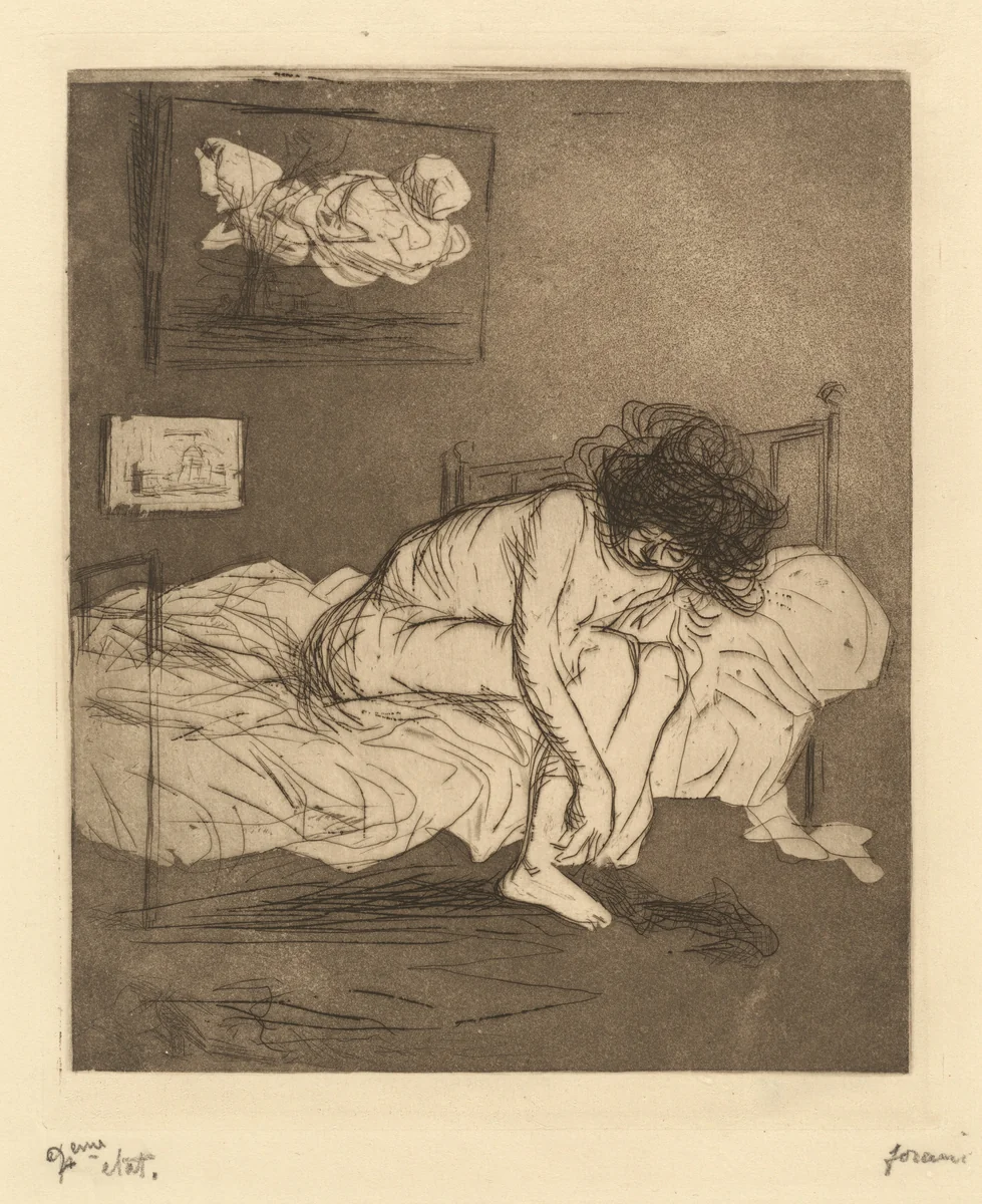 Femme mettant son bas (Woman Putting On Her Stockings) by Jean-Louis Forain, print, 1904-1914