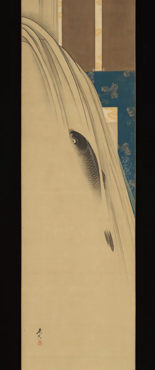 A Carp Ascending a Waterfall by Shibata Zeshin (柴田是真), painting, 1807-1891