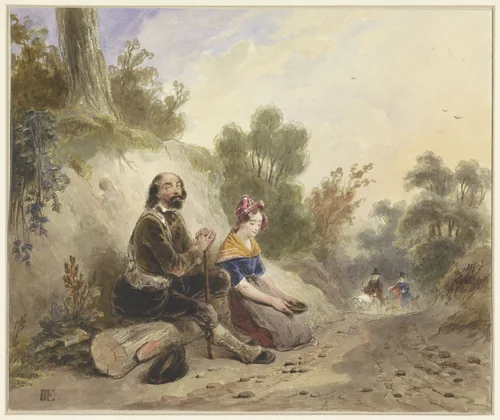 Blinde man met meisje, bedelend aan de kant van een landweg by Jacob Joseph Eeckhout, drawing, 1803-1861