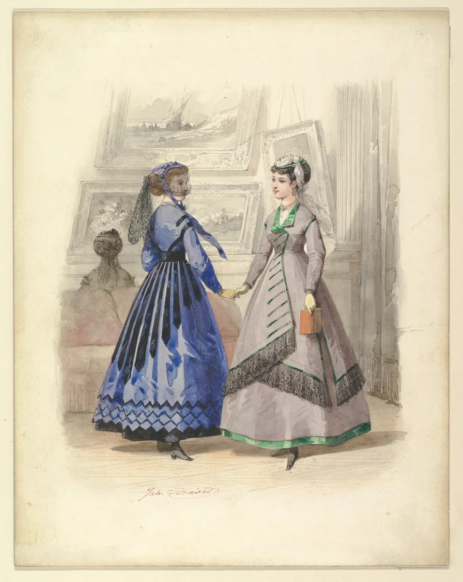 Two Women in an Art Gallery by Jules David, drawing, 1868