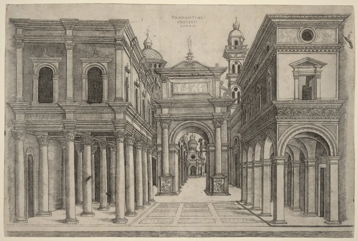 A Street with Various Buildings, Colonnades and an Arch by Andrea Zoan; Donato Bramante, print, 1500-1510