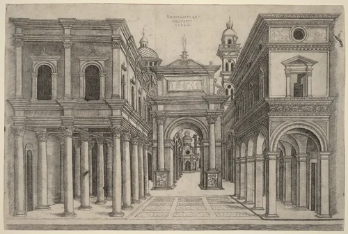 A Street with Various Buildings, Colonnades and an Arch by Andrea Zoan; Donato Bramante, print, 1500-1510
