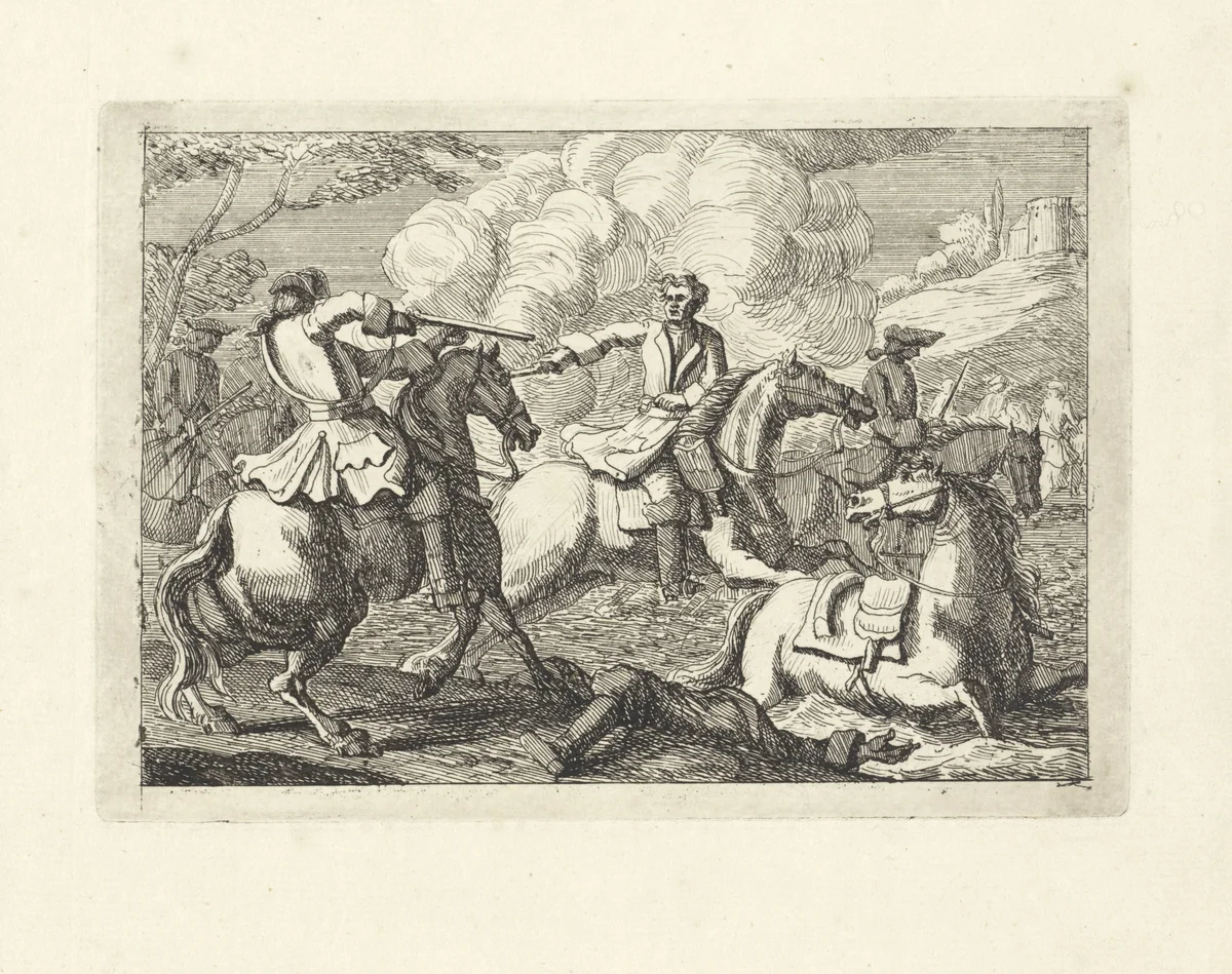 Cavaleriegevecht met twee schietende ruiters by Johannes Verhoek, print, 1700-1800