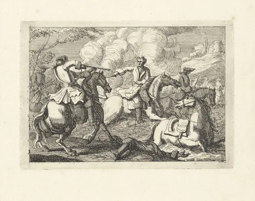 Cavaleriegevecht met twee schietende ruiters by Johannes Verhoek, print, 1700-1800
