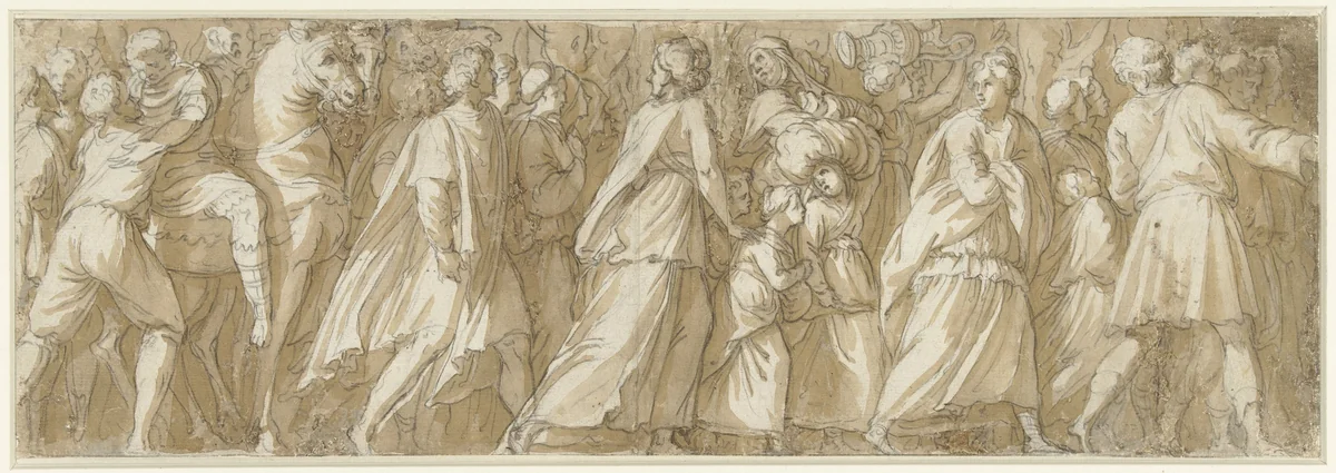 Sabijnen begeven zich naar de spelen der Romeinen by anonymous, drawing, 1510-1600