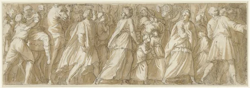 Sabijnen begeven zich naar de spelen der Romeinen by anonymous, drawing, 1510-1600