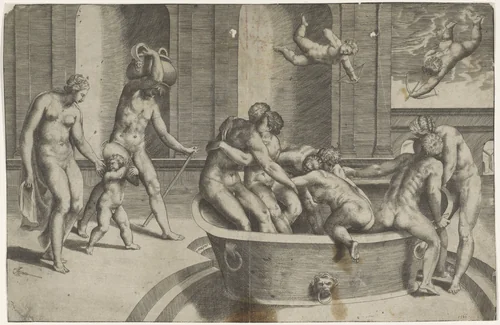 Mannen en vrouwen in grote badkuip by Giulio Bonasone, print, 1501-1580