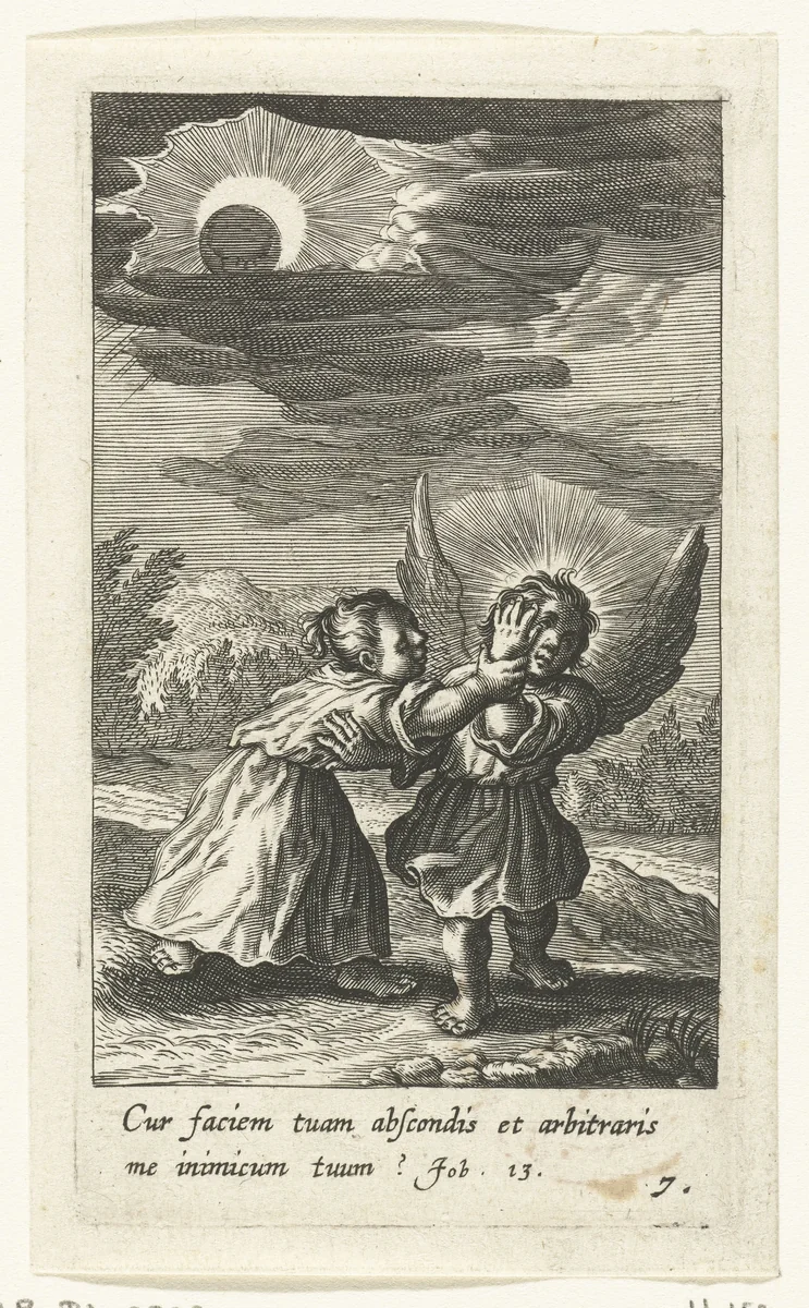 Kind en engel bij zonsverduistering by Boëtius Adamsz. Bolswert, print, 1590-1624