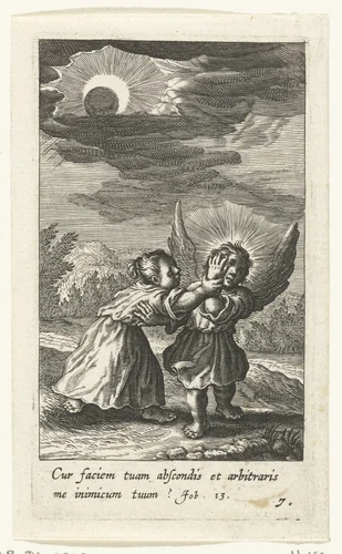 Kind en engel bij zonsverduistering by Boëtius Adamsz. Bolswert, print, 1590-1624