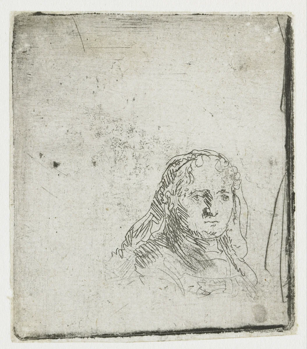 Studie van het hoofd van een vrouw by Rembrandt van Rijn, print, 1635