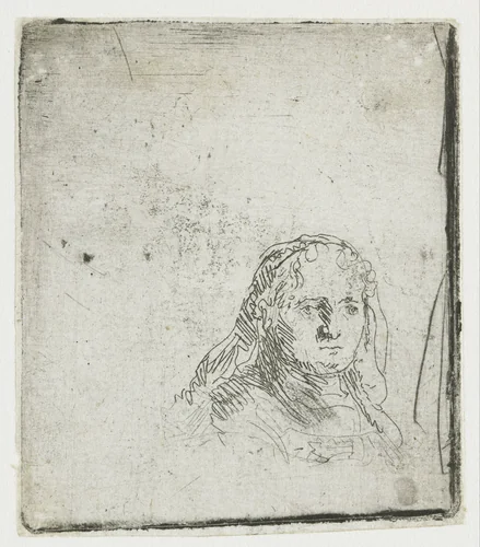 Studie van het hoofd van een vrouw by Rembrandt van Rijn, print, 1635