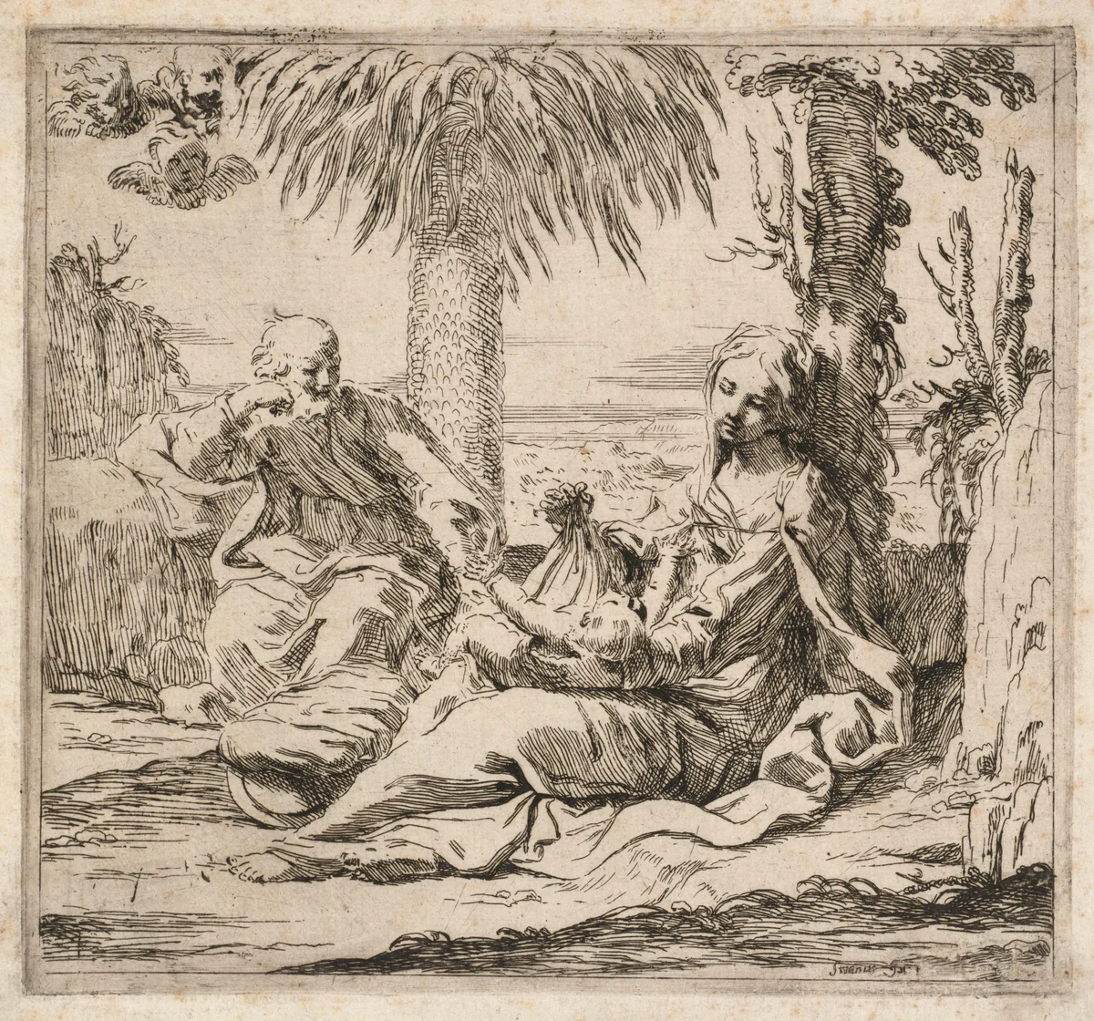 Rest on the Flight into Egypt by Elisabetta Sirani, print, 1650-1655