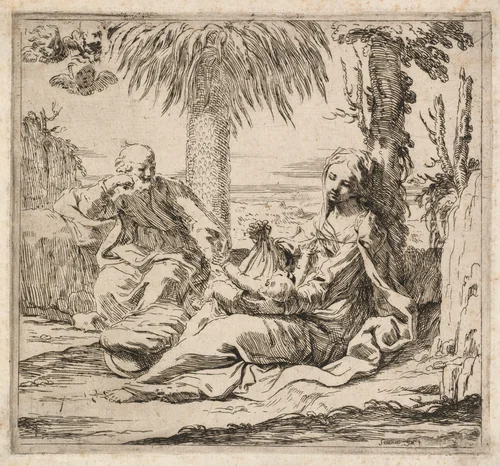 Rest on the Flight into Egypt by Elisabetta Sirani, print, 1650-1655
