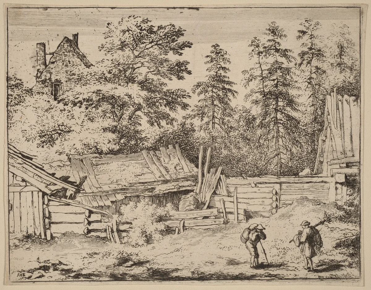 Three Cottages by Allart van Everdingen, print, 1645-1656