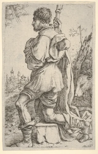 Saint Roch, kneeling on a stone, seen from the side with his dog behind him and a townscape in the background at left by Giuseppe Caletti, print, 1620-1630
