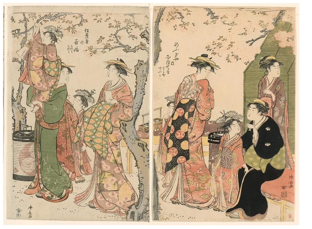 Courtesans and Their Child Attendants under Blossoming Cherry Trees by Torii Kiyonaga (鳥居清長), print, 1785