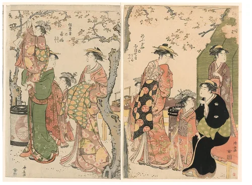 Courtesans and Their Child Attendants under Blossoming Cherry Trees by Torii Kiyonaga (鳥居清長), print, 1785