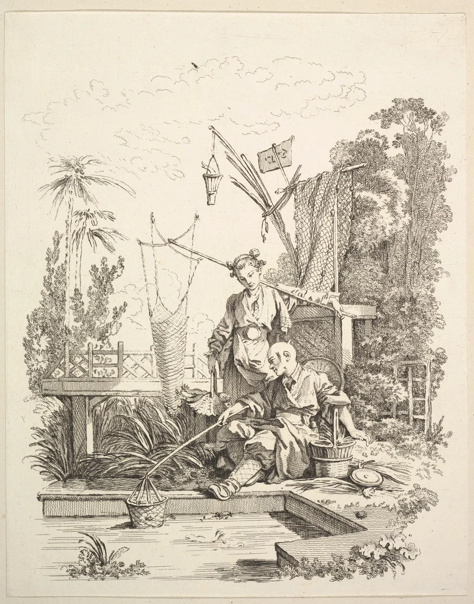 A Chinese Man and Woman Fishing by a Fishpond by Gabriel Huquier, print, 1703-1770