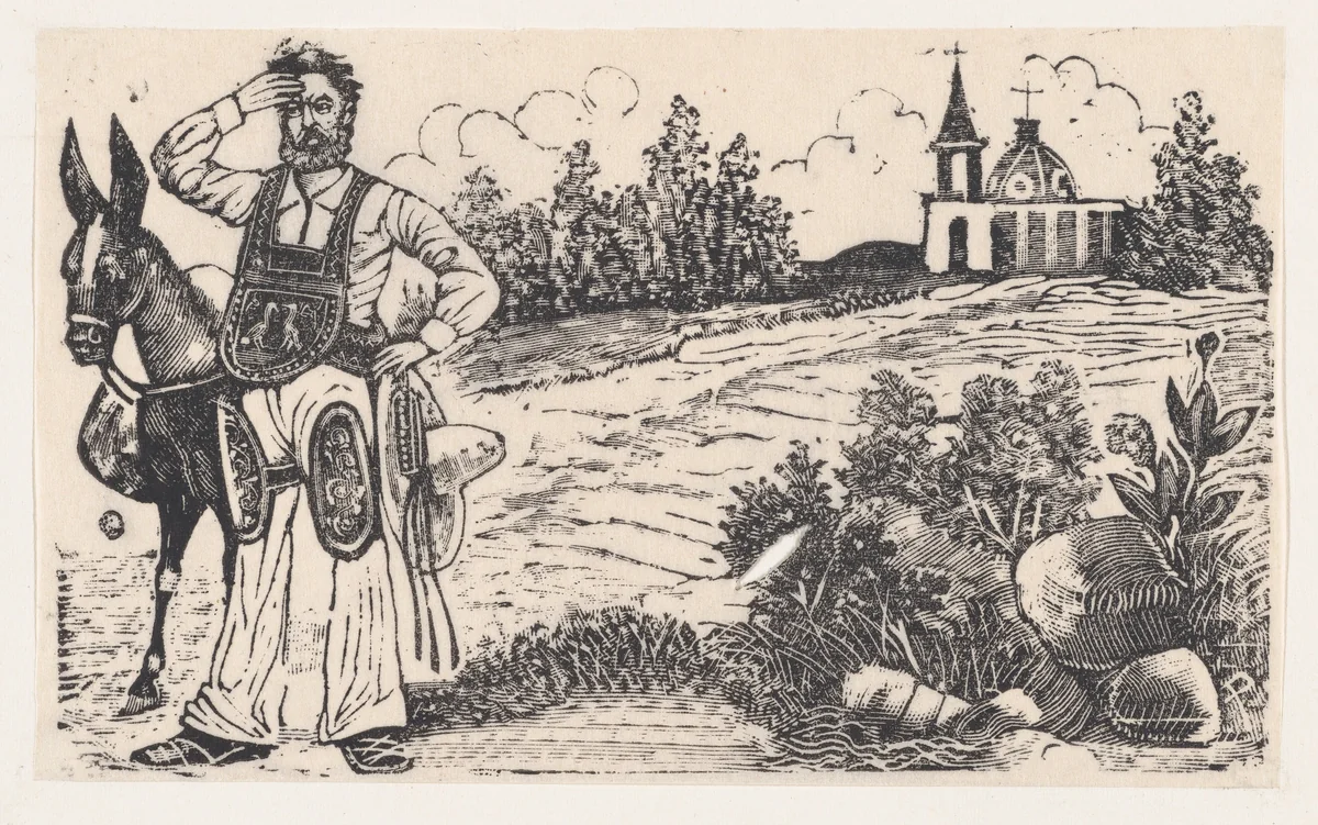 A drover and a mule standing on a road with a church in the background by José Guadalupe Posada, print, 1875-1885