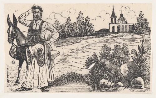 A drover and a mule standing on a road with a church in the background by José Guadalupe Posada, print, 1875-1885