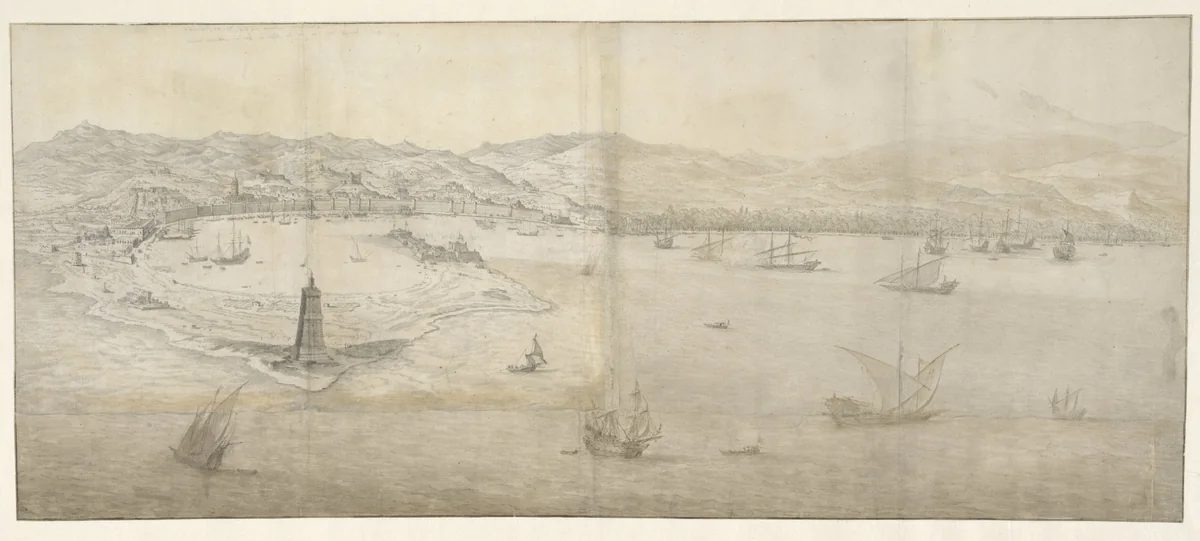 Gezicht op de baai van Messina, Sicilië by Willem Schellinks, drawing, 1664