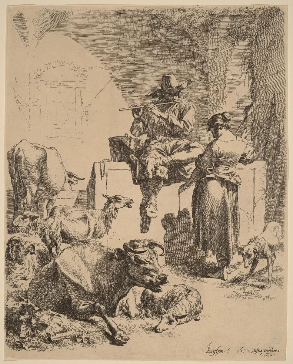 The Shepherd Seated on a Fountain and the Spinner by Nicolaes Pietersz Berchem, print, 1652