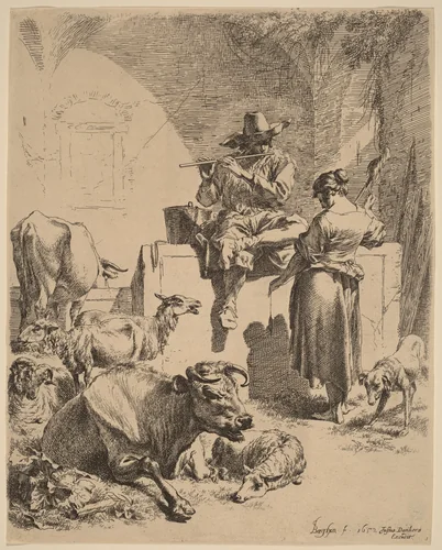 The Shepherd Seated on a Fountain and the Spinner by Nicolaes Pietersz Berchem, print, 1652