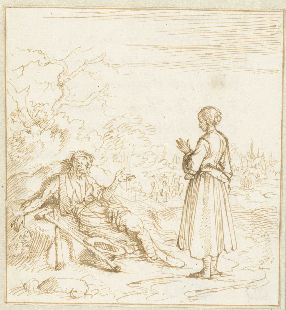 Bedelende man praat met een vrouw by Jan Luyken, drawing, 1660-1712