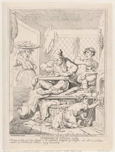 Miseries of Human Life: While Deep in Study and Lost in Thought in the Complicated Profession of a Taylor and All on a Sudden Disturbed by the Shrieks of a Woman Crying Cucumbers by Nicolaus Heideloff, print, 1807