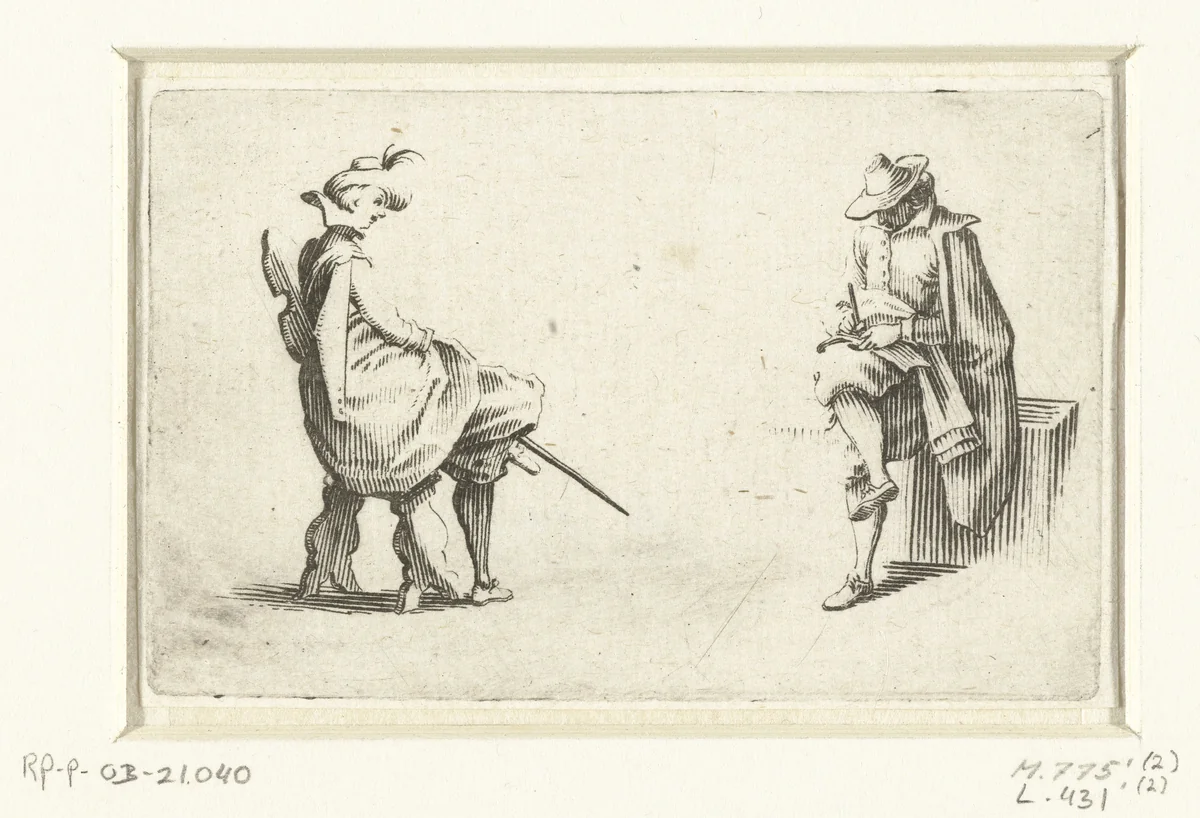 Twee zittende mannen by Jacques Callot, print, 1621