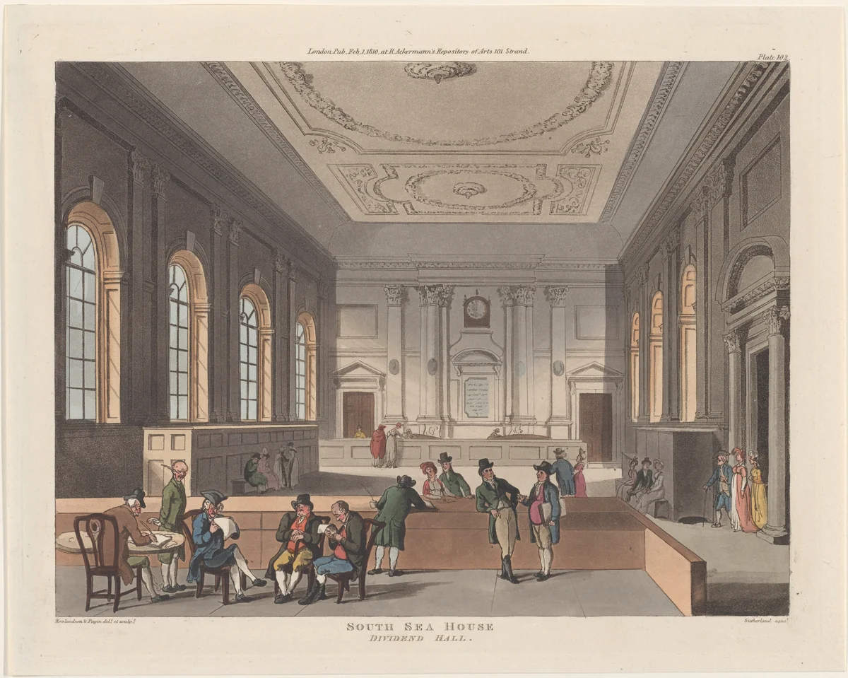 South Sea House, Dividend Hall by Thomas Rowlandson, print, 1810