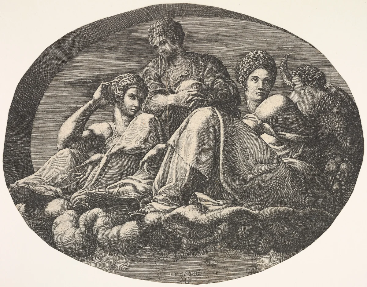 Juno and two goddesses reclining on clouds with two child figures and fruits at right, an oval composition, from a series of eight compositions after Francesco Primaticcio's designs for the ceiling of the Ulysses Gallery (destroyed 1738-39) at Fontainebleau by Giorgio Ghisi, print, 1560-1569
