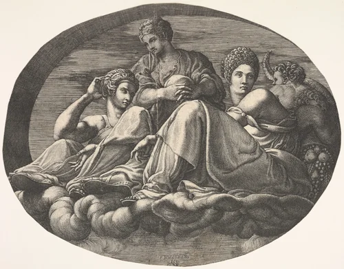 Juno and two goddesses reclining on clouds with two child figures and fruits at right, an oval composition, from a series of eight compositions after Francesco Primaticcio's designs for the ceiling of the Ulysses Gallery (destroyed 1738-39) at Fontainebleau by Giorgio Ghisi, print, 1560-1569