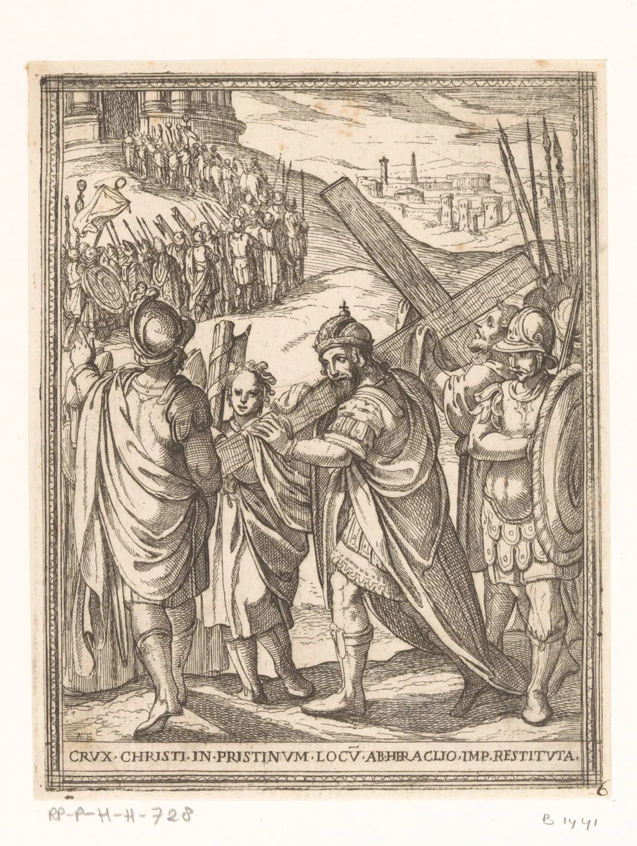 Heraclius draagt het ware kruis in triomf by Unknown, print, 1565-1630