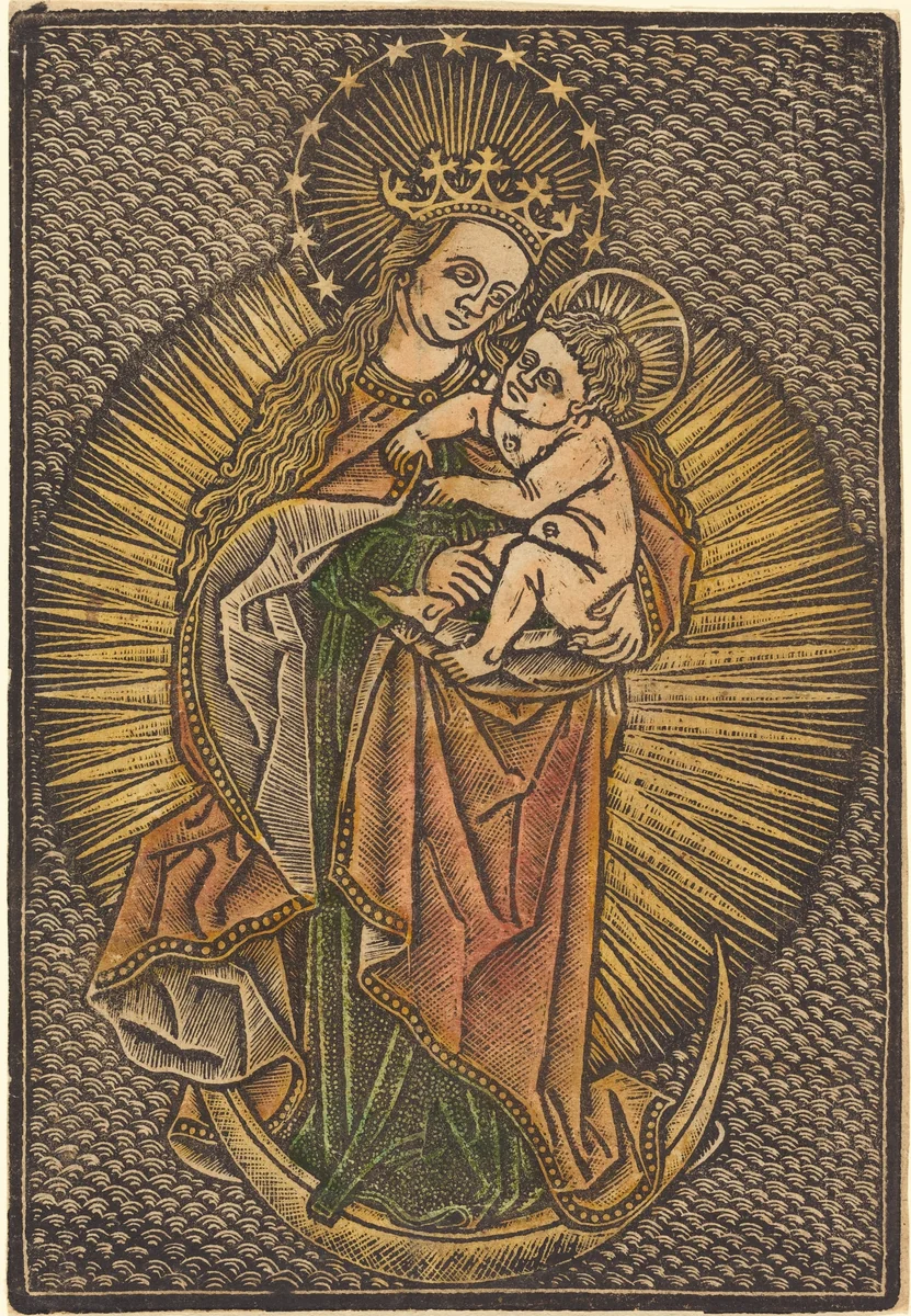 Madonna and Child in Glory by Master of the Meshed Background, print, 1475-1499