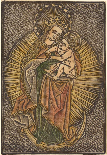 Madonna and Child in Glory by Master of the Meshed Background, print, 1475-1499