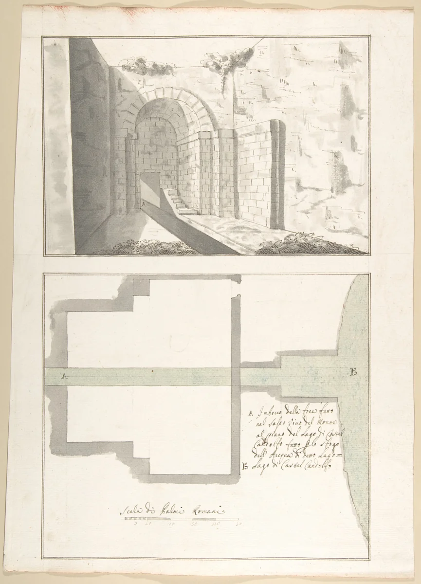 Canalization of the Mouth of the Sasso Vino into the Lake of Castel Gandolfo: Perspective and Plan by Pietro Paolo Coccetti, drawing, 1710-1727
